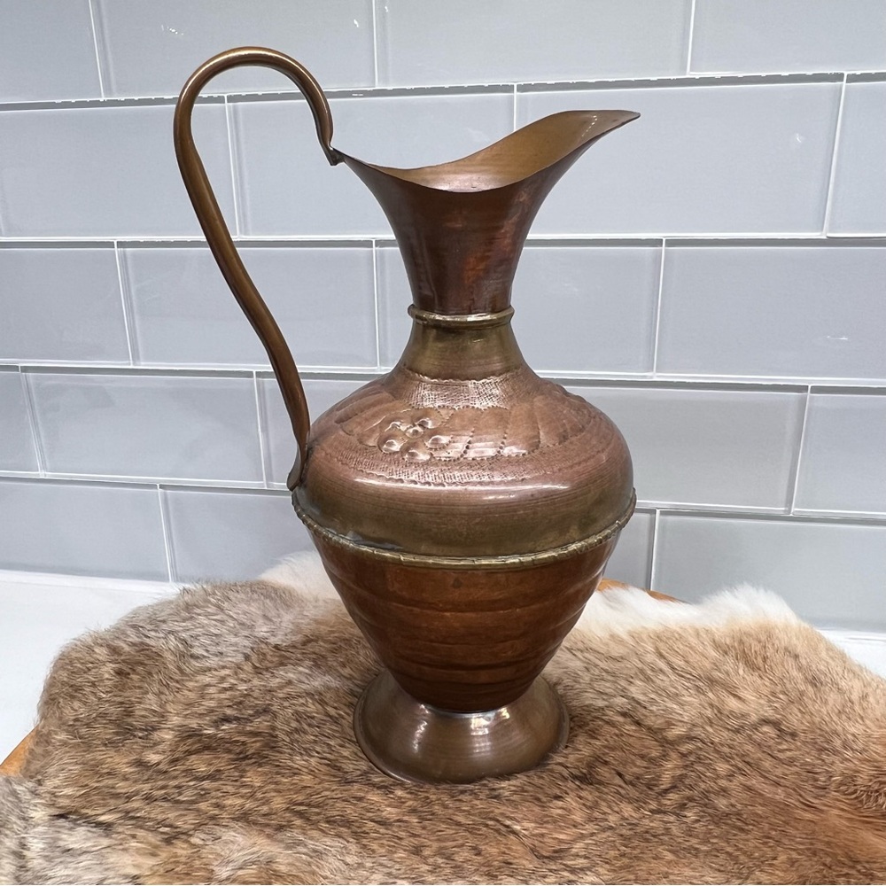 Vintage Brass and Copper Water Pitcher Urn Vase French Style